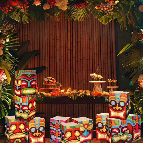 12 Pcs Hawaiian Luau Tiki Totem Gift Boxes With LED Lights For Outdoor Indoor Party Decor vibrant tropical setup