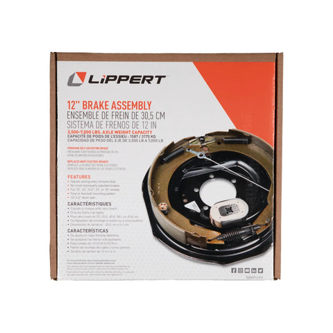 Lippert 12-inch brake assembly box; forward self-adjusting, right-side for 14.5–16 inch wheels, 4,000–7,000 lb capacity