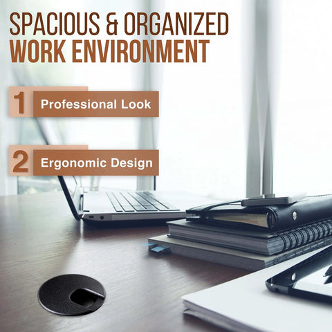 Desk Grommet 2 Inch Cable Hole Cover Pack Of 5 Black ABS Plastic Wire Management installed on desk with laptop and papers