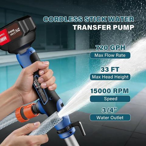 Cordless Stick Water Transfer Pump With 6.5 Ft Extended Hose, Dual 4000mAh 21V Batteries, Makita Compatible, 720 Gallons Per Hour