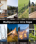 Image of multipurpose applications for 600 Ft T316 Stainless Steel Cable With Cutter One Eighth Inch Heavy Duty Wire Rope 1850 Lb Breaking Strength 7x7 Aircraft Cable For Clothesline Trellis Stair Fence Deck Railing Kit in various settings.
