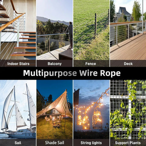 Image of multipurpose applications for 600 Ft T316 Stainless Steel Cable With Cutter One Eighth Inch Heavy Duty Wire Rope 1850 Lb Breaking Strength 7x7 Aircraft Cable For Clothesline Trellis Stair Fence Deck Railing Kit in various settings.