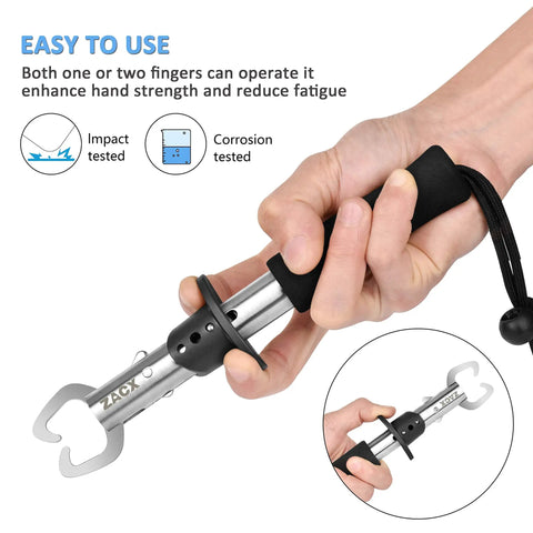 Pro Grade Fish Lip Gripper Pliers With Upgraded 4.3 Inch EVA Foam Handle held in hand for easy fish handling.