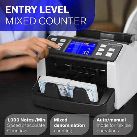 Money Counter Machine For Busy Cash Desks All In One Count Mixed Denominations Fast Detect Counterfeits Portable Currency Detector Dollar Sorter being used.