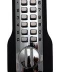 Keyless Mechanical Door Lock M210 Push Button Deadbolt in bright chrome with black trim, front view of numeric keypad and knob.