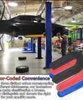 Heavy Duty Vehicle Lift Leveling Shim Kit With Grippy Polyethylene Wedges for Two And Four Post Stands in a garage setting.