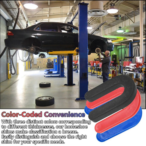 Heavy Duty Vehicle Lift Leveling Shim Kit With Grippy Polyethylene Wedges for Two And Four Post Stands in a garage setting.
