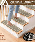 Soft Stair Treads 15 Pack Non Slip Carpet Mats 28x9 Inches For Indoor Wooden Stair Runners Kid And Pup Friendly Rugs 100 Percent Polyester With TPE Backing Beige shown on stairs with a person walking.