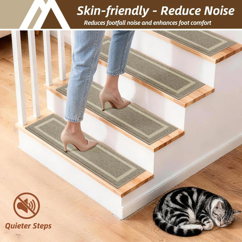 Soft Stair Treads 15 Pack Non Slip Carpet Mats 28x9 Inches For Indoor Wooden Stair Runners Kid And Pup Friendly Rugs 100 Percent Polyester With TPE Backing Beige shown on stairs with a person walking.