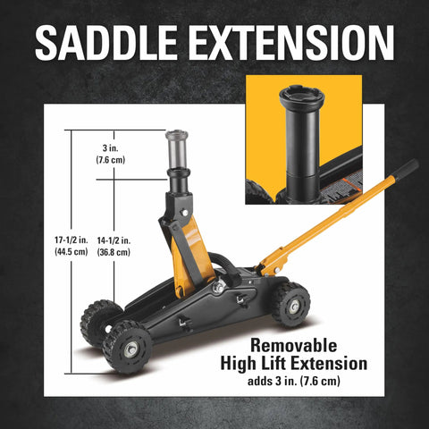 Heavy Duty 2 Ton Cat Wheelie Off-Road Trolley Jack with 3-inch saddle extension and oversized wheels for rugged terrain.