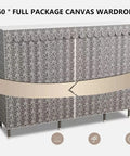 Double Door Portable Canvas Wardrobe With Hanging Rail And Shelves For Bedroom And Living Room No Fuss Setup showing patterned fabric and frame.