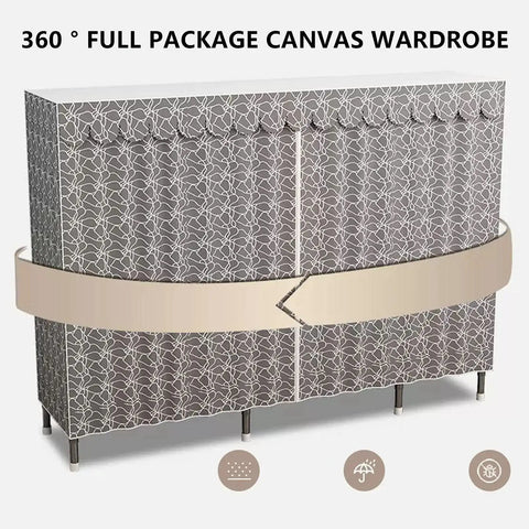 Double Door Portable Canvas Wardrobe With Hanging Rail And Shelves For Bedroom And Living Room No Fuss Setup showing patterned fabric and frame.