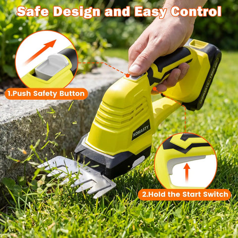 Hand holding a 2 In 1 Cordless Hedge Trimmer Kit With 2 Batteries And Charger For Lawn Edges, trimming grass along a stone edge.