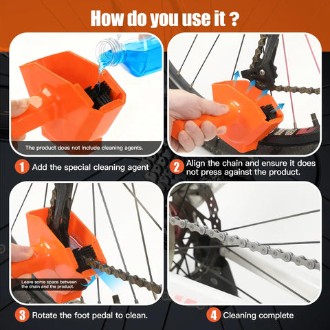 Step-by-step use of Soak Action Bike Chain Cleaner That Delivers Deep Clean In Minutes, No Assembly, Ready To Use, All In One MTB And Road Bike Chain Cleaner For Quick, Mess Free Maintenance.