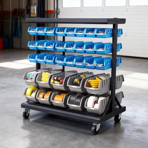 Straight Up Reliable Dual Sided Rolling Storage Rack With Sixty Eight Tough Plastic Parts Bins And Quick Label Slots, Slick Mobile Tool Caddy Featuring Heavy Duty Build And Smooth Locking Casters For Garage Workshop Setup
