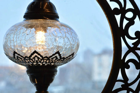 Turkish Clear Glass Moon Shape Table Lamp, Vintage Crescent Boho Chic Desk Light For Rustic Living Rooms, Antique Glam Decor