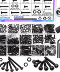 540-Piece M2 M3 Hex Socket Head Cap Screw Bolt Nut Assortment Kit Features Dead Nuts Precision In 12.9 Grade Black Zinc Plated Alloy Steel, showing various sizes.