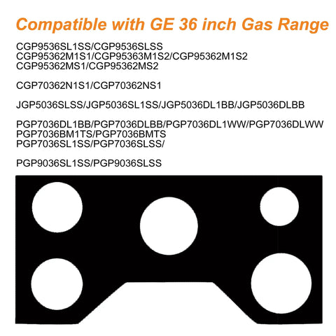 36 Inch Gas Range Protectors For GE Ranges, Ultra Thick 0.4mm Nonstick Burner Liners, black template with stove model numbers