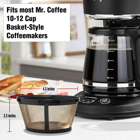 Gold Toned Reusable Coffee Filter Basket For 8 To 12 Cup Brewers Permanent Cone Style That Replaces Paper Filters shown next to coffee maker.