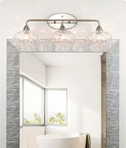 26 Inch Modern Three Light Vanity Light With Hammered Glass Shades In Brushed Nickel Finish Ultra Slick Bathroom Fixture
