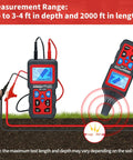 Underground Cable Locator and Wire Tracker NF826 for Dog Fence Cables shown with measurement range and LCD display in use.