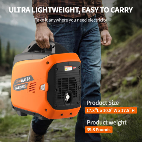 Person carrying 2500 Watt Portable Inverter Generator Ultra Quiet On The Go Power For Camping And Tailgating Plus Home Backup