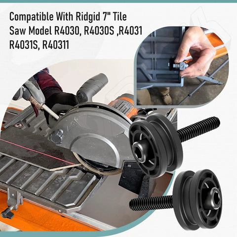 Heavy Duty Table Roller Kit For Ridgid And Ryobi 7 Inch Tile Saw, black rollers and screws installed on tile saw.