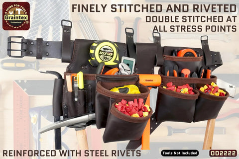 Close-up of 13 Pocket Framers Tool Belt Set with 4 Pc Leather Pouch Kit, showing tools, 2-inch belt, and hammer holder.