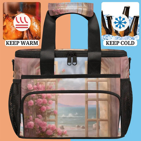 Insulated Picnic Backpack Lunch Bag With Roomy 12 By 8.7 By 10 Inch Interior Keeps Grub Fresh Or Warm, floral design, warm and cold icons