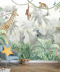 Bright Tropical Leaves And Safari Animals Kids Wall Mural For Bedroom And Living Room TV Background Not Peel And Stick Nine Piece Silk Finish Large Wall Decor Set For Playful Nurseries And Shared Spaces showing giraffe and elephants in jungle scene