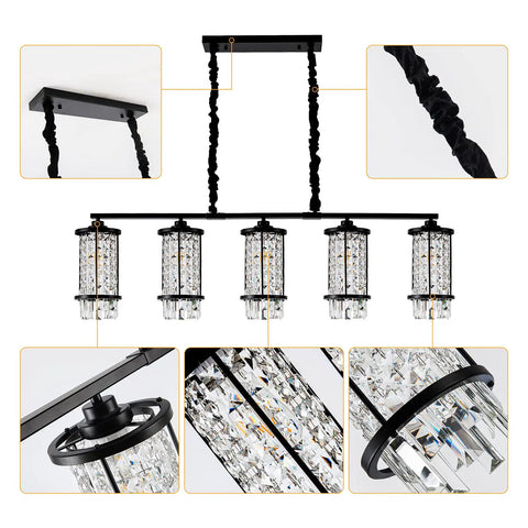 Five Light Modern Crystal Kitchen Island Pendant Light Black Metal Semi Flush Chandelier with detailed view of crystals