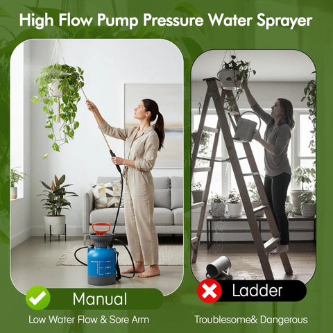 Woman using Telescoping Indoor Plant Waterer With Pump Sprayer Brass Wand and 180 Degree Adjustable Nozzle for Hanging Baskets, compared to ladder watering.