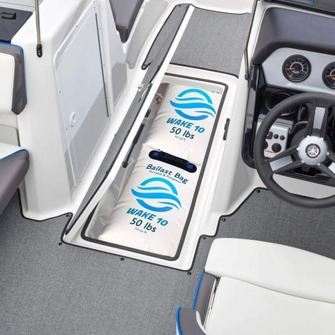 Portable 50 Lb Boat Ballast Bag For Wakesurfing And Wakeboarding, Pumpless And Easy Fill, Space Saving Under Seat Storage depicted in boat.
