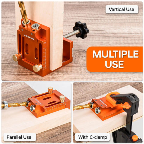 Adjustable Pocket Hole Jig Kit with stop collars for precision drilling, showing vertical, parallel, and c-clamp use on wood.