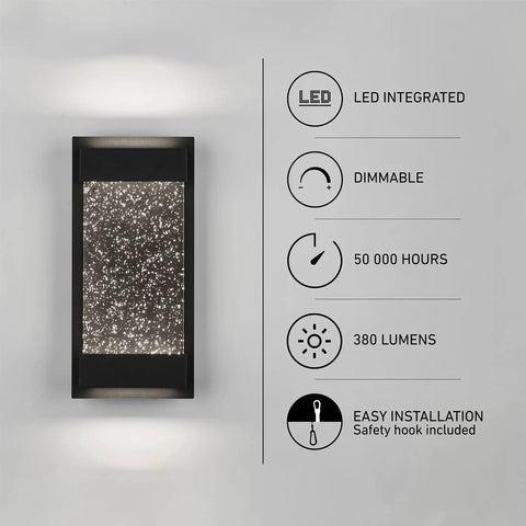 Essence Bubble Glow Box Outdoor Light With 300 Lumen LED, 6 Inch Weatherproof Black Wall Mount Fixture showing features
