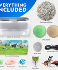Light Up Dinosaur Terrarium Science Kit For Kids With Never Dry Sand Dino Figures A Backdrop And Gems includes terrarium, pebbles, sand, rocks, cord