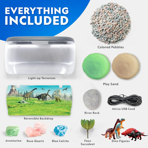 Light Up Dinosaur Terrarium Science Kit For Kids With Never Dry Sand Dino Figures A Backdrop And Gems includes terrarium, pebbles, sand, rocks, cord