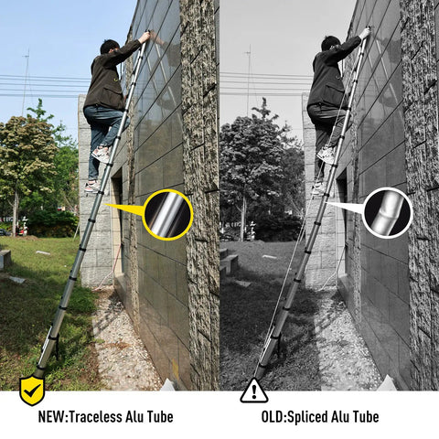 Comparison of 8.5 Ft Aluminum Telescoping Ladder With Traceless Tube Design versus Spliced Tube, showing outdoor use.