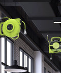 Auto Retracting 45 Foot Extension Cord Reel with 14 Gauge 14 3 AWG SJTW Cable mounted on ceiling in garage.