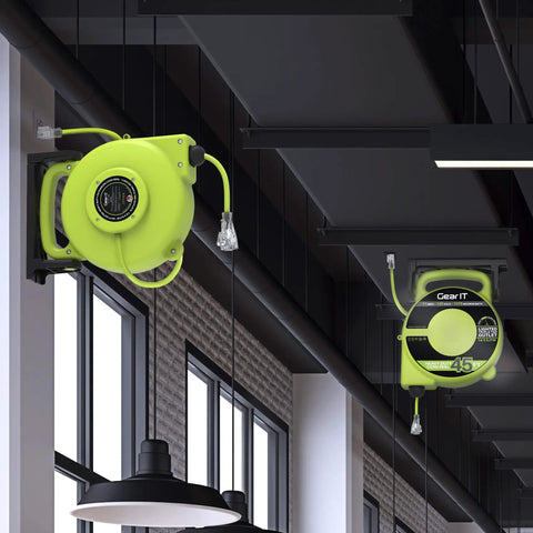 Auto Retracting 45 Foot Extension Cord Reel with 14 Gauge 14 3 AWG SJTW Cable mounted on ceiling in garage.