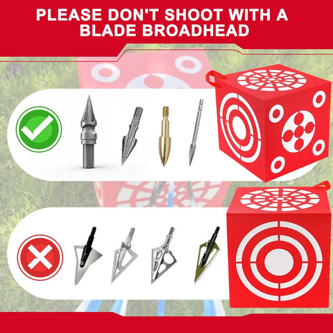 Red 3D Foam Archery Target With Six Sided Dice Cube Lightweight 13 Inch Square Block With Handle Backyard Practice Target Easy Arrow Removal Self Recovery XPE Foam For Quick Arrow Pull with notches, surrounded by arrow tips.