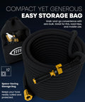 TITAN 50ft black fabric garden hose with brass fittings and jet nozzle, coiled beside a storage bag