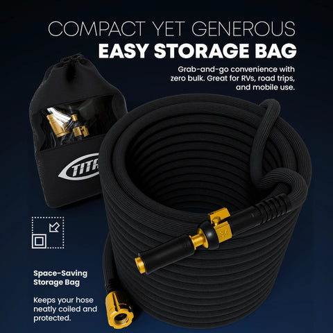 TITAN 50ft black fabric garden hose with brass fittings and jet nozzle, coiled beside a storage bag