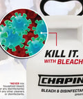 Close-up of One Gallon Bleach Sprayer For Lawn And Garden Yard Work next to magnified germs, illustrating disinfection ability.