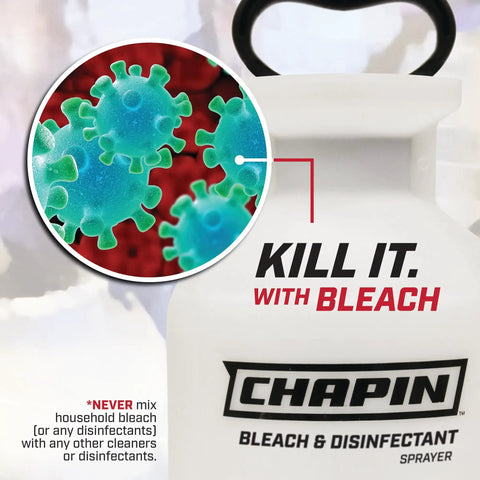 Close-up of One Gallon Bleach Sprayer For Lawn And Garden Yard Work next to magnified germs, illustrating disinfection ability.