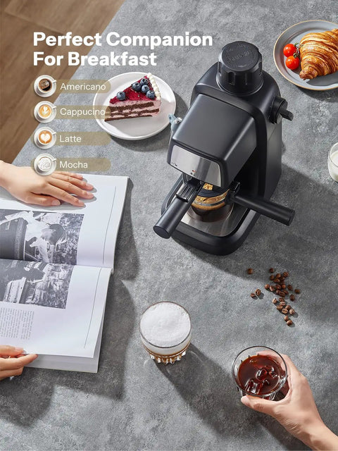 Compact 3.5 Bar Espresso Machine With 800W Power, Steam Wand, on kitchen counter with food and beverages.