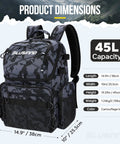 Fishing Backpack With Rod Holders And Cooler 45L Water Resistant Tackle Bag Black Camouflage showing product dimensions