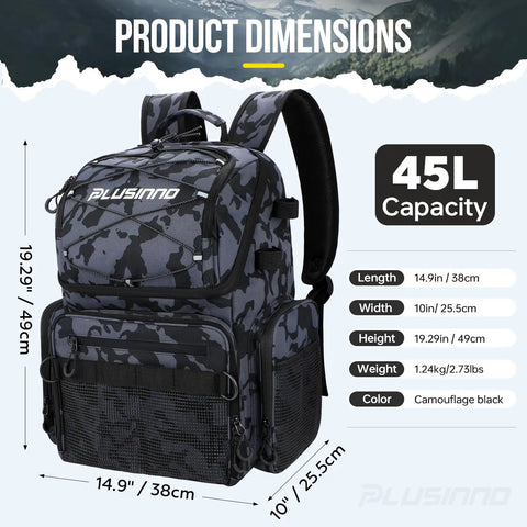Fishing Backpack With Rod Holders And Cooler 45L Water Resistant Tackle Bag Black Camouflage showing product dimensions