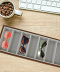 Rustic Walnut Wood Seven Grid Sunglasses Storage Tray With Cozy Gray Velvet Padding To Keep Your Specs Fresh And Bring Some Dope Vibes To Your Daily Counter Setup, showcasing four sunglasses in a tray.