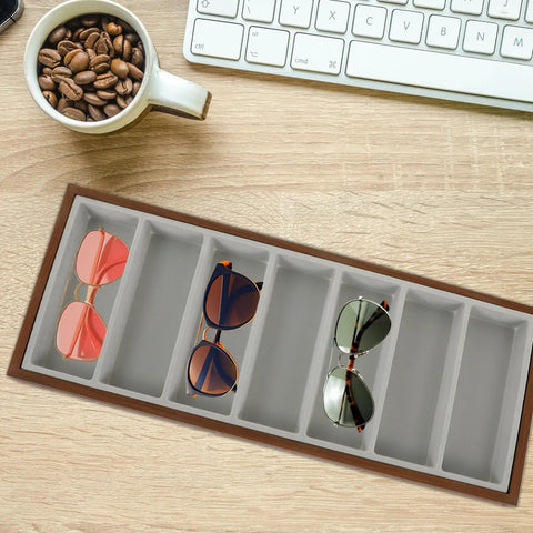 Rustic Walnut Wood Seven Grid Sunglasses Storage Tray With Cozy Gray Velvet Padding To Keep Your Specs Fresh And Bring Some Dope Vibes To Your Daily Counter Setup, showcasing four sunglasses in a tray.